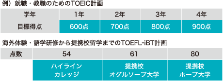 就職・教職のためのTOEIC計画と海外体験・語学研修から提携校留学までのTOEFL-iBT計画